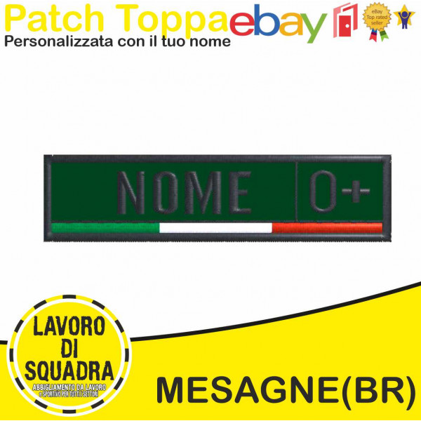 Patch Personalizzata Toppa Ricamata con Nome Bandiera Italiana e Gruppo  Sanguigno Personalizzato Verde OD